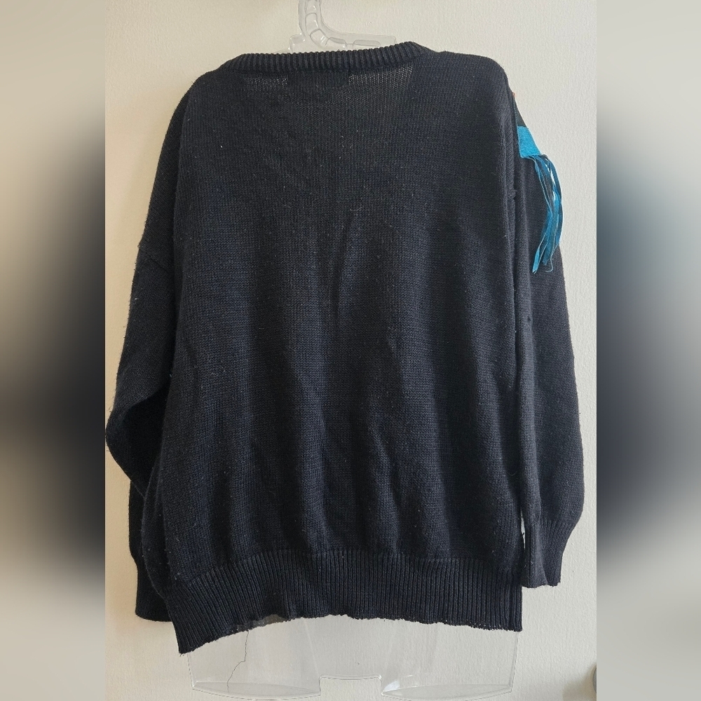 90's Vintage Western Sweater Leather Fringe & Embroidery Black Teal EUC - Picture 4 of 4